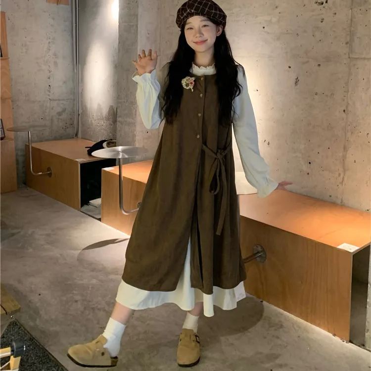 【單件/套裝】疊穿綁帶開叉背心外搭+長袖甜美洋裝兩件套-HaloBless