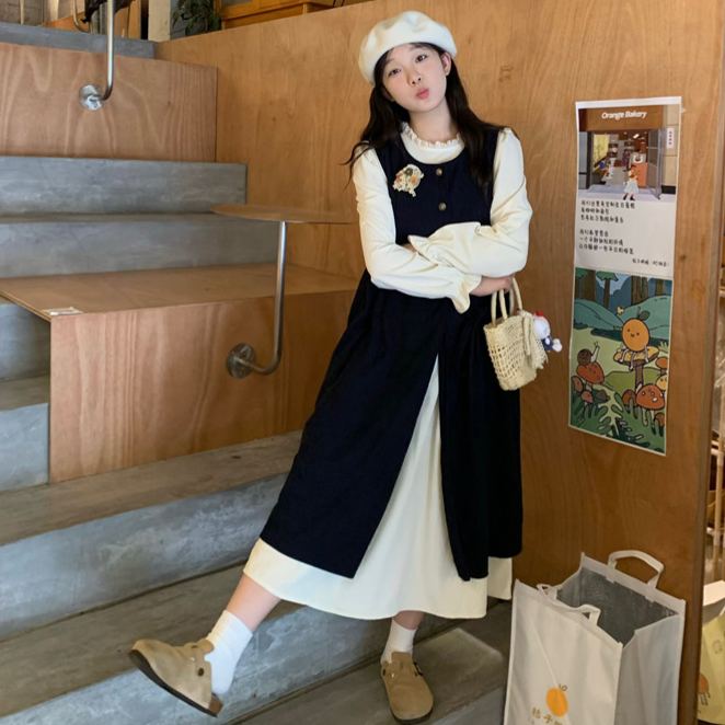 【單件/套裝】疊穿綁帶開叉背心外搭+長袖甜美洋裝兩件套-HaloBless