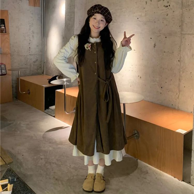 【單件/套裝】疊穿綁帶開叉背心外搭+長袖甜美洋裝兩件套-HaloBless