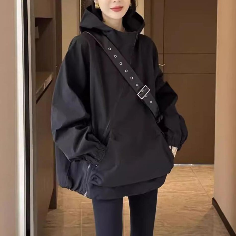 寬鬆連帽薄款透氣拉鏈不規則衝鋒衣外套-HaloBless