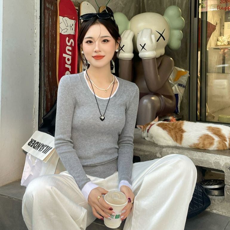 圓領撞色內搭設計感針織長袖T恤-HaloBless