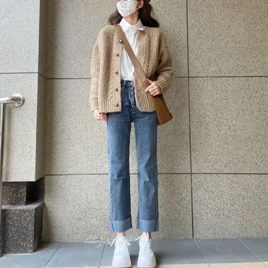 【單品/套裝】系減齡港味休閒時尚針織開衫牛仔褲三件套裝