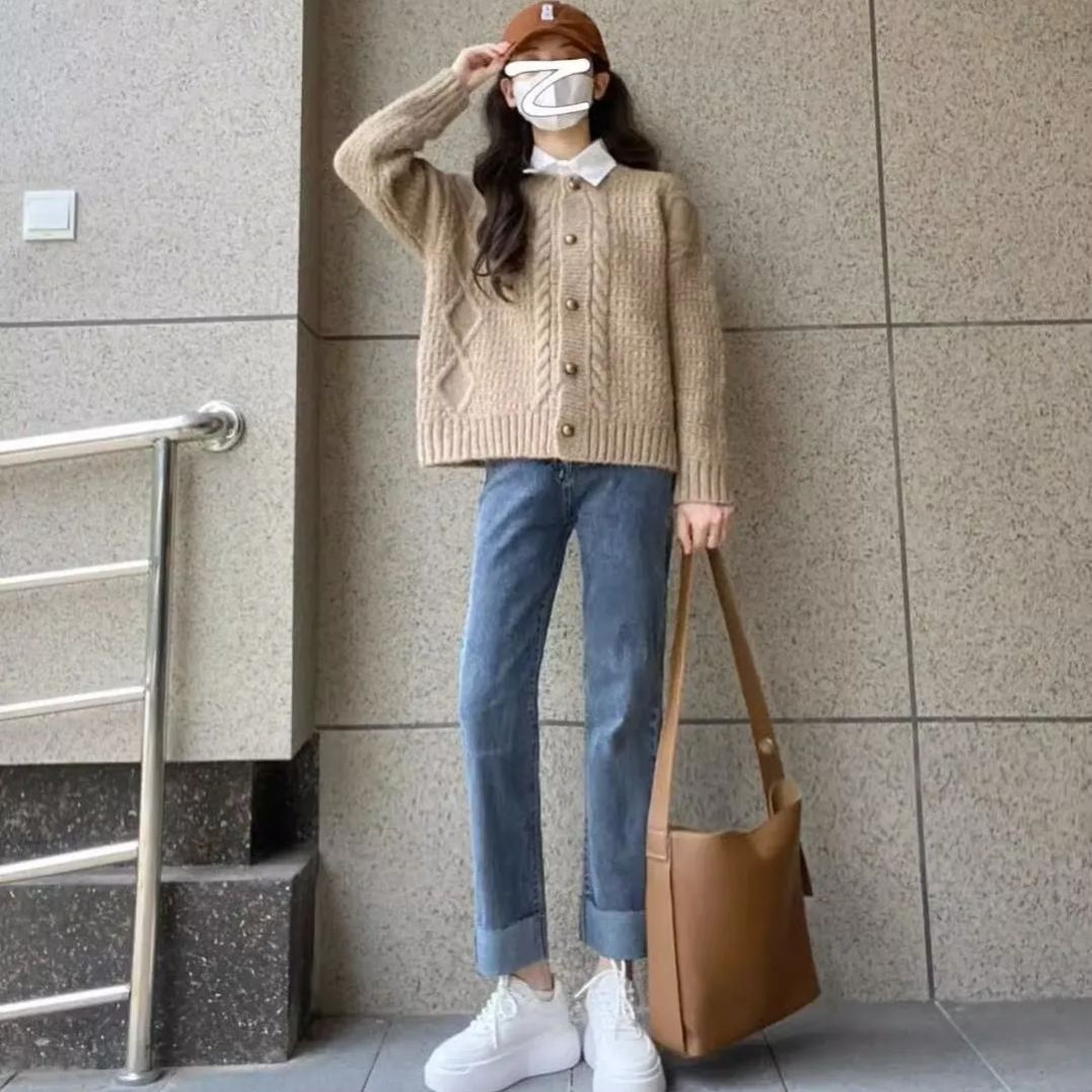 【單品/套裝】系減齡港味休閒時尚針織開衫牛仔褲三件套裝