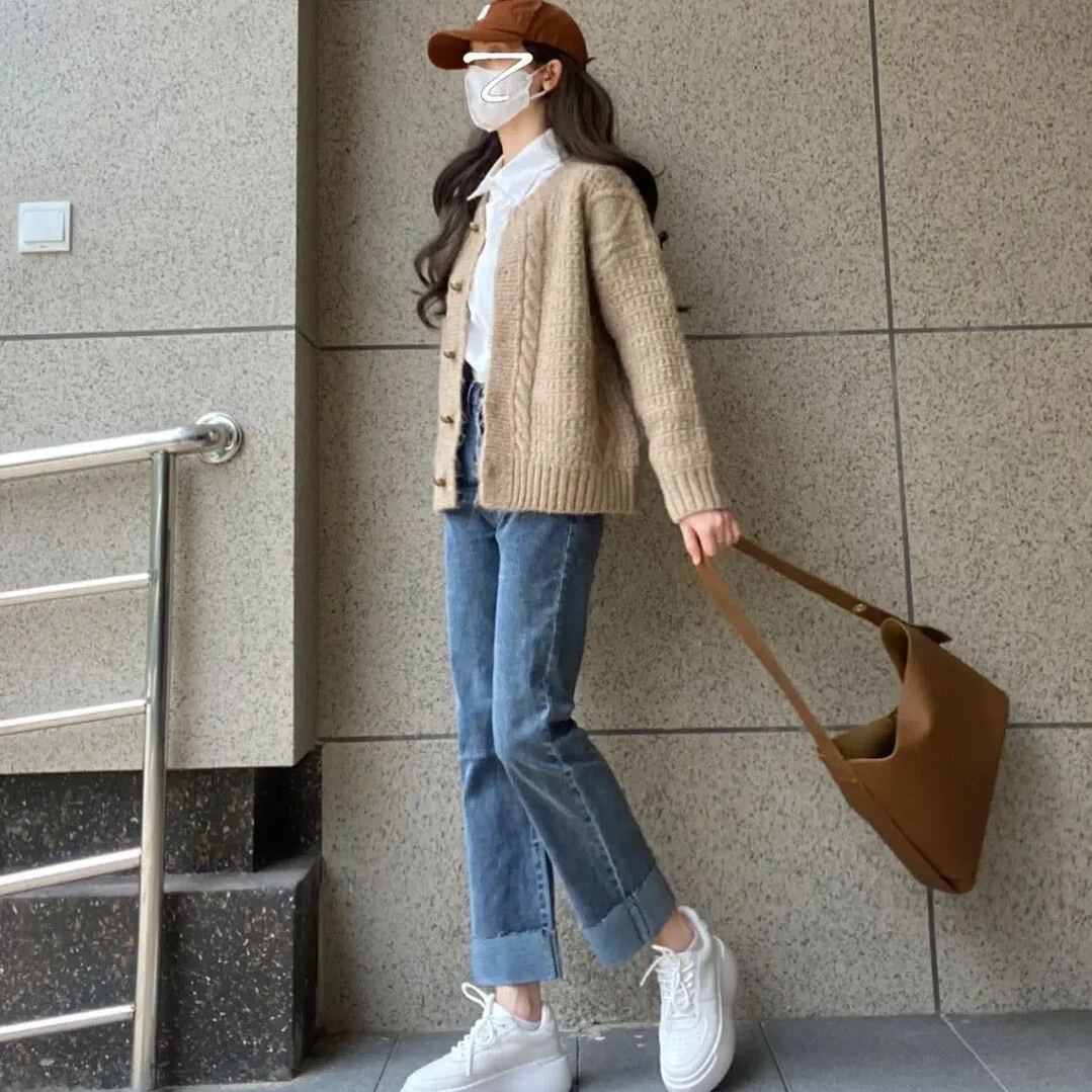 【單品/套裝】系減齡港味休閒時尚針織開衫牛仔褲三件套裝