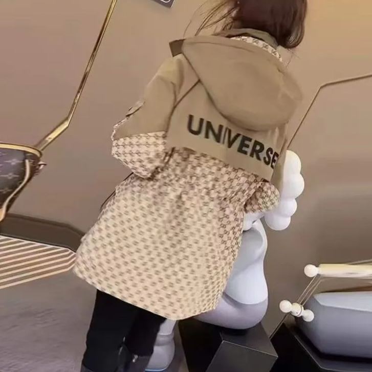 新款連帽拼接抽繩收腰寬鬆衝鋒衣風衣外套