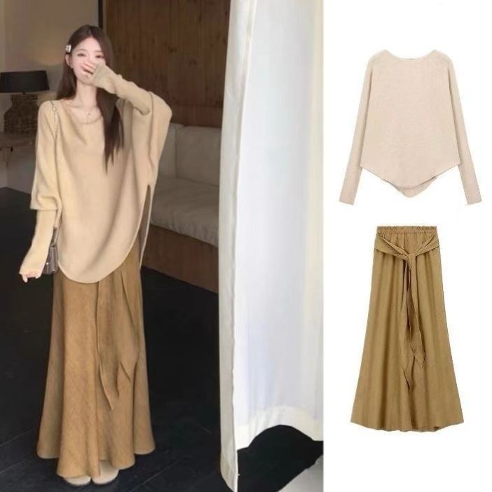【單件/套裝】不規則慵懶風寬鬆針織毛衣+魚尾裙半身裙兩件套