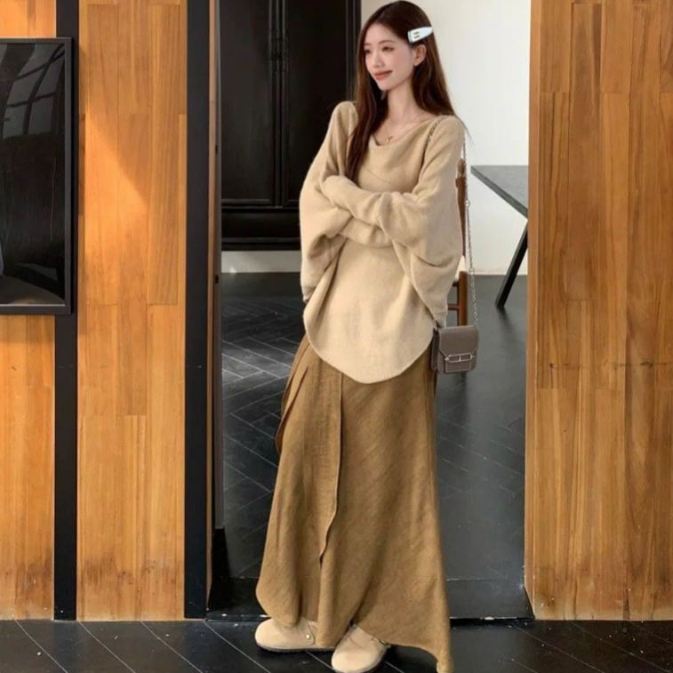 【單件/套裝】不規則慵懶風寬鬆針織毛衣+魚尾裙半身裙兩件套