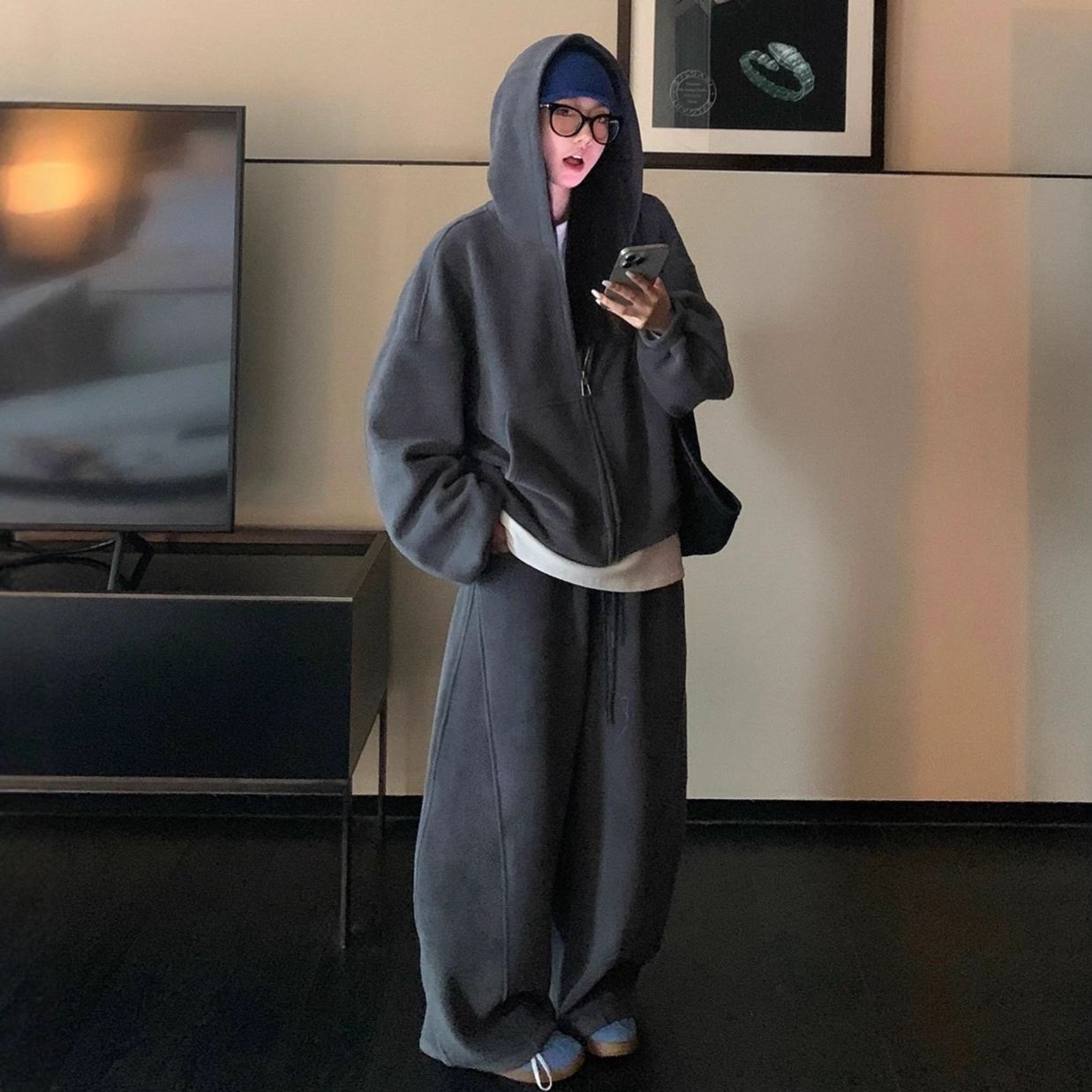 【整套】洋氣時髦大碼顯瘦連帽T+運動休閒闊腿褲兩件套