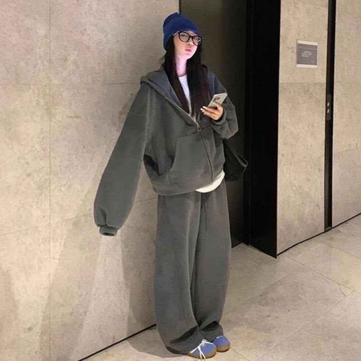 【整套】洋氣時髦大碼顯瘦連帽T+運動休閒闊腿褲兩件套