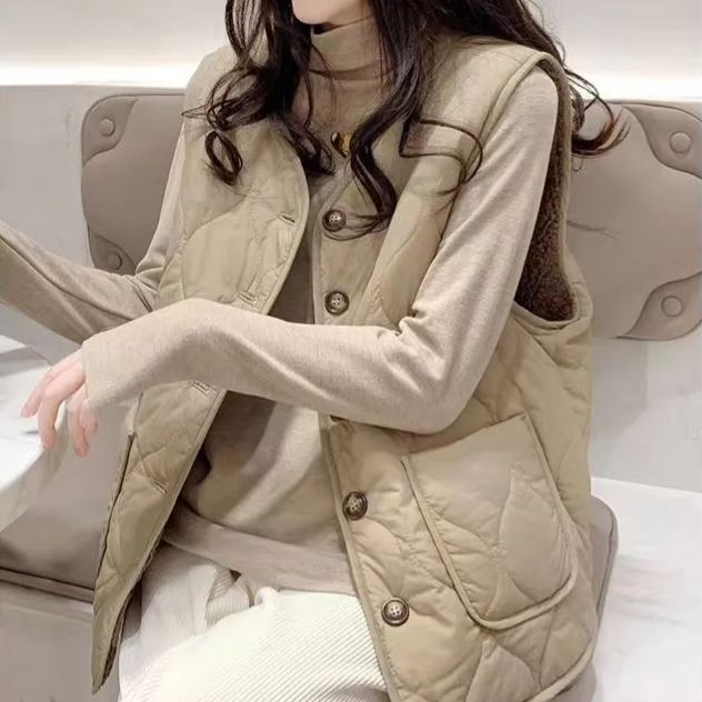 仿羊羔毛羽絨保暖美拉德雙面兩穿簡約馬甲