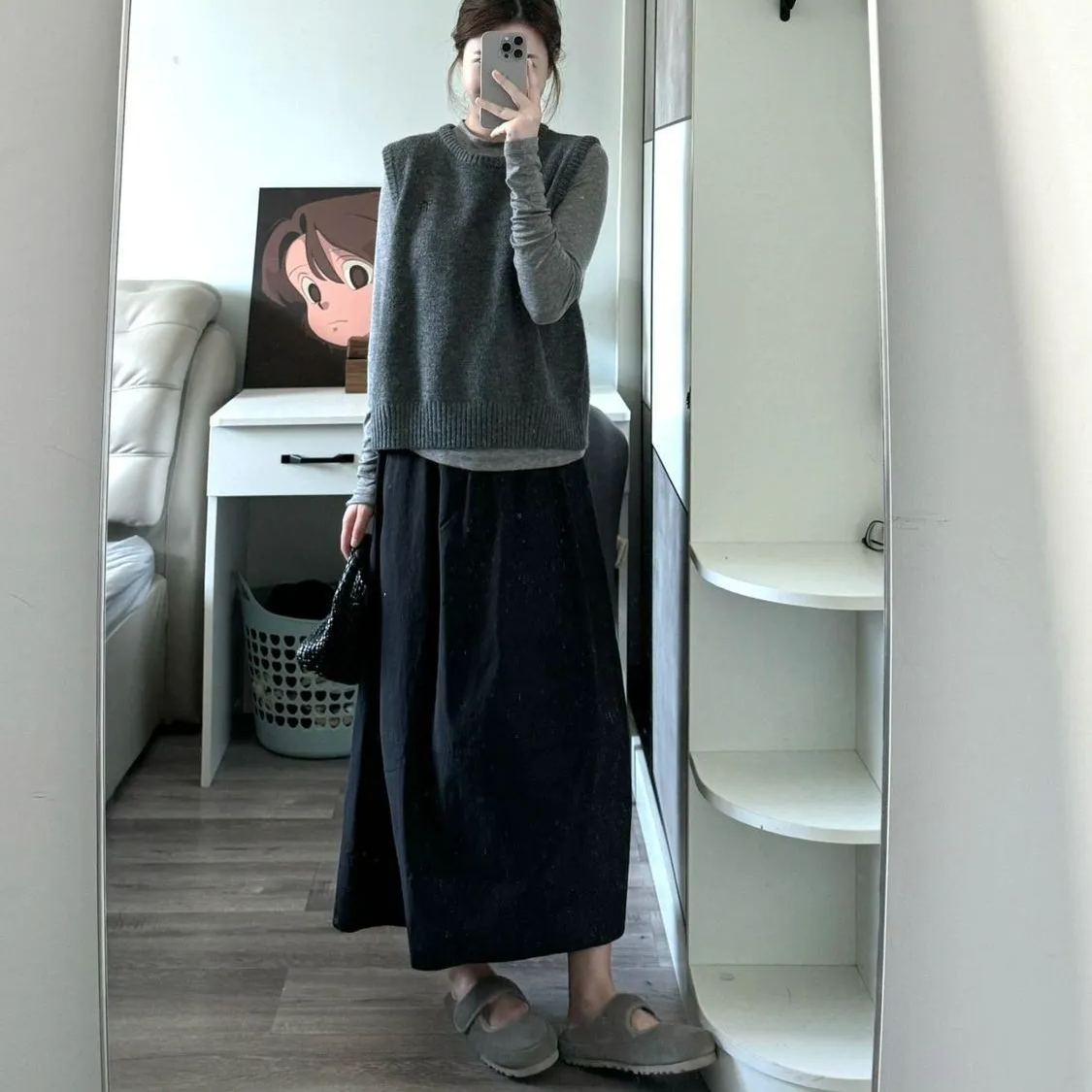 【單品/套裝】氣質復古圓領針織馬甲背心疊穿T恤半身裙三件套裝