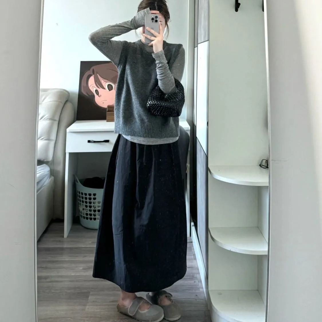 【單品/套裝】氣質復古圓領針織馬甲背心疊穿T恤半身裙三件套裝