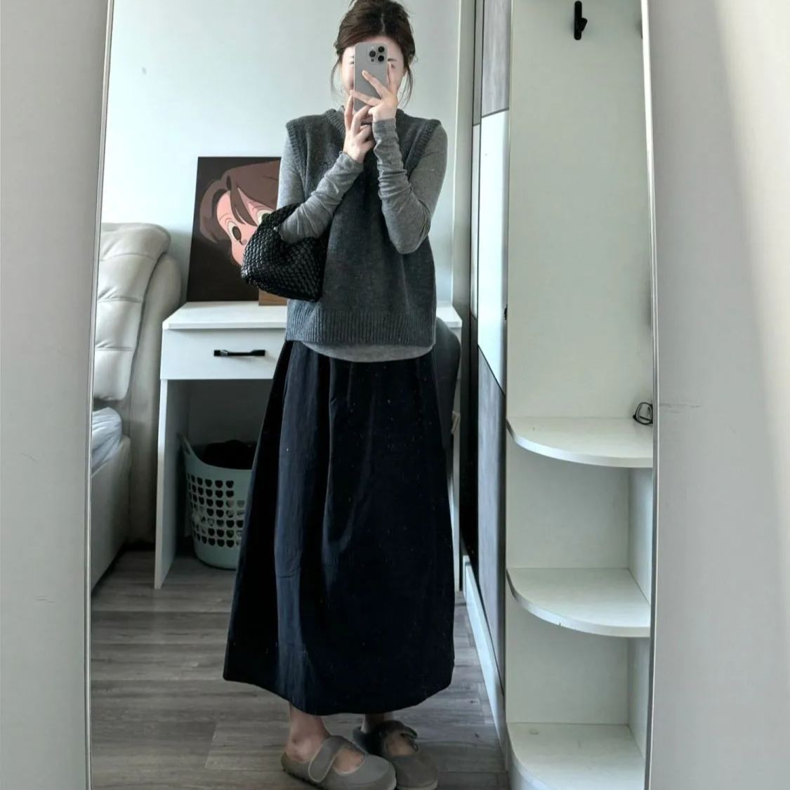 【單品/套裝】氣質復古圓領針織馬甲背心疊穿T恤半身裙三件套裝