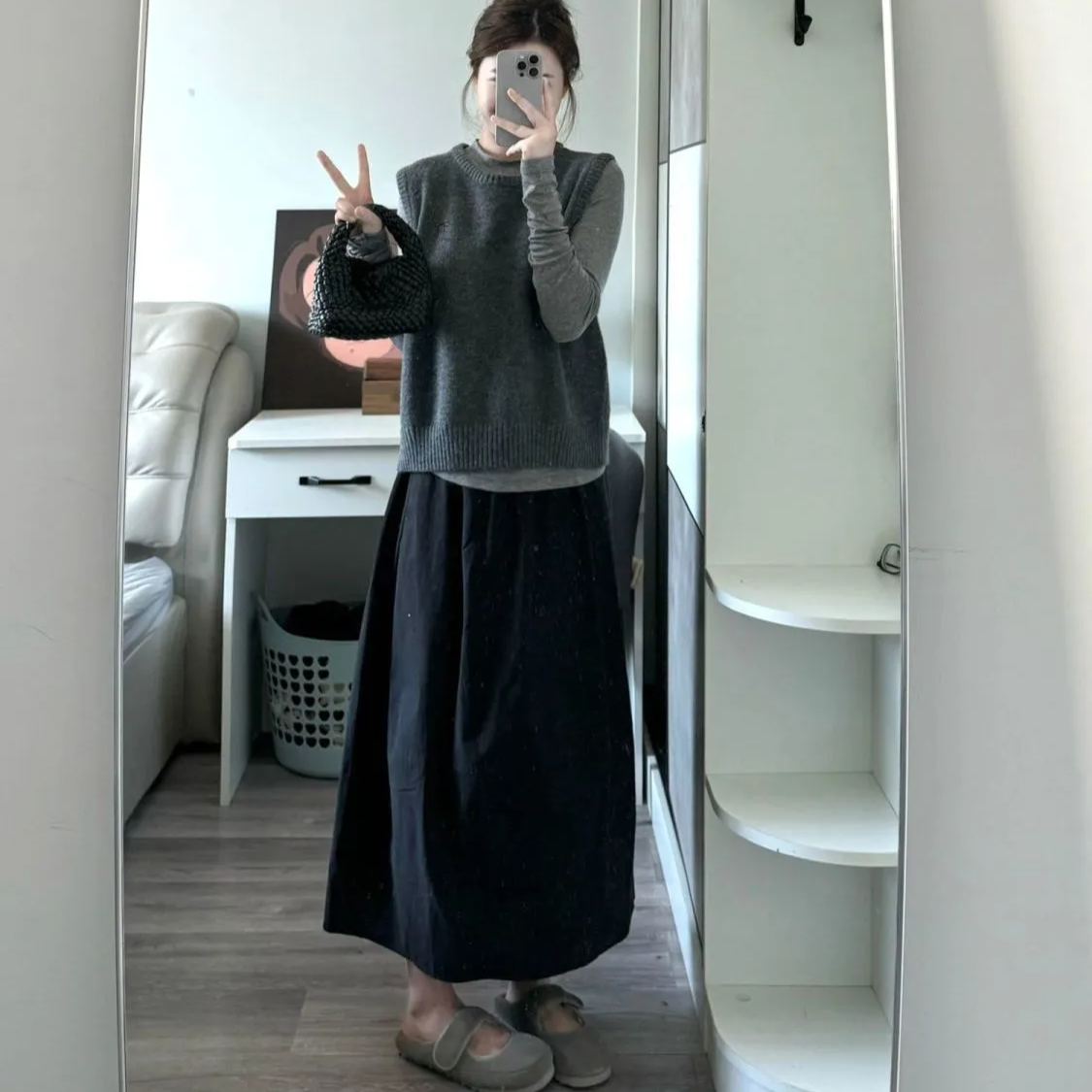 【單品/套裝】氣質復古圓領針織馬甲背心疊穿T恤半身裙三件套裝