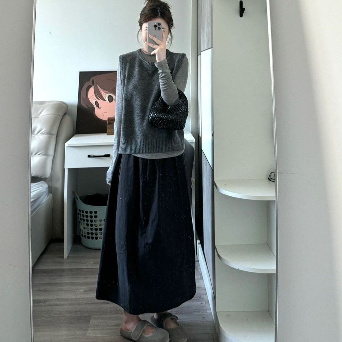 【單品/套裝】氣質復古圓領針織馬甲背心疊穿T恤半身裙三件套裝