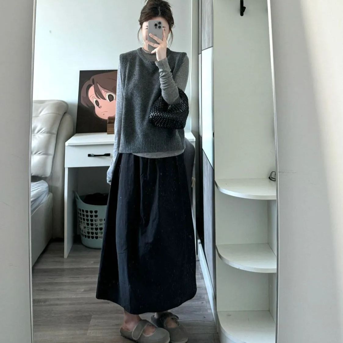 【單品/套裝】氣質復古圓領針織馬甲背心疊穿T恤半身裙三件套裝
