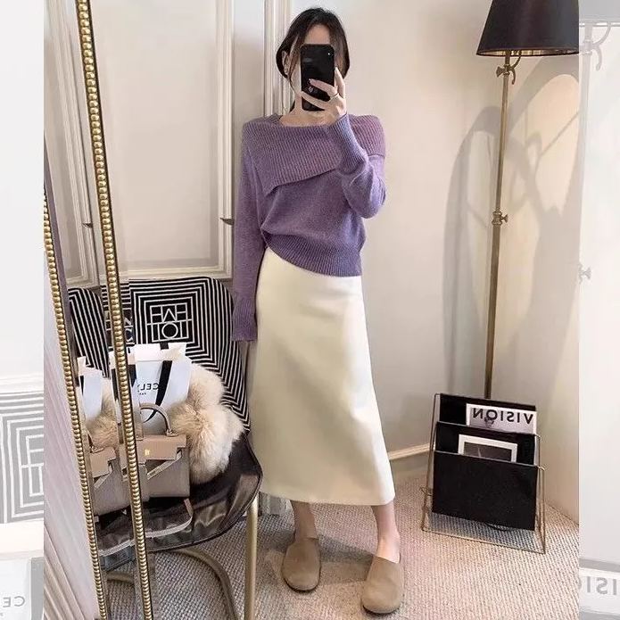 韓版時尚一字肩鎖骨翻領氣質針織長袖