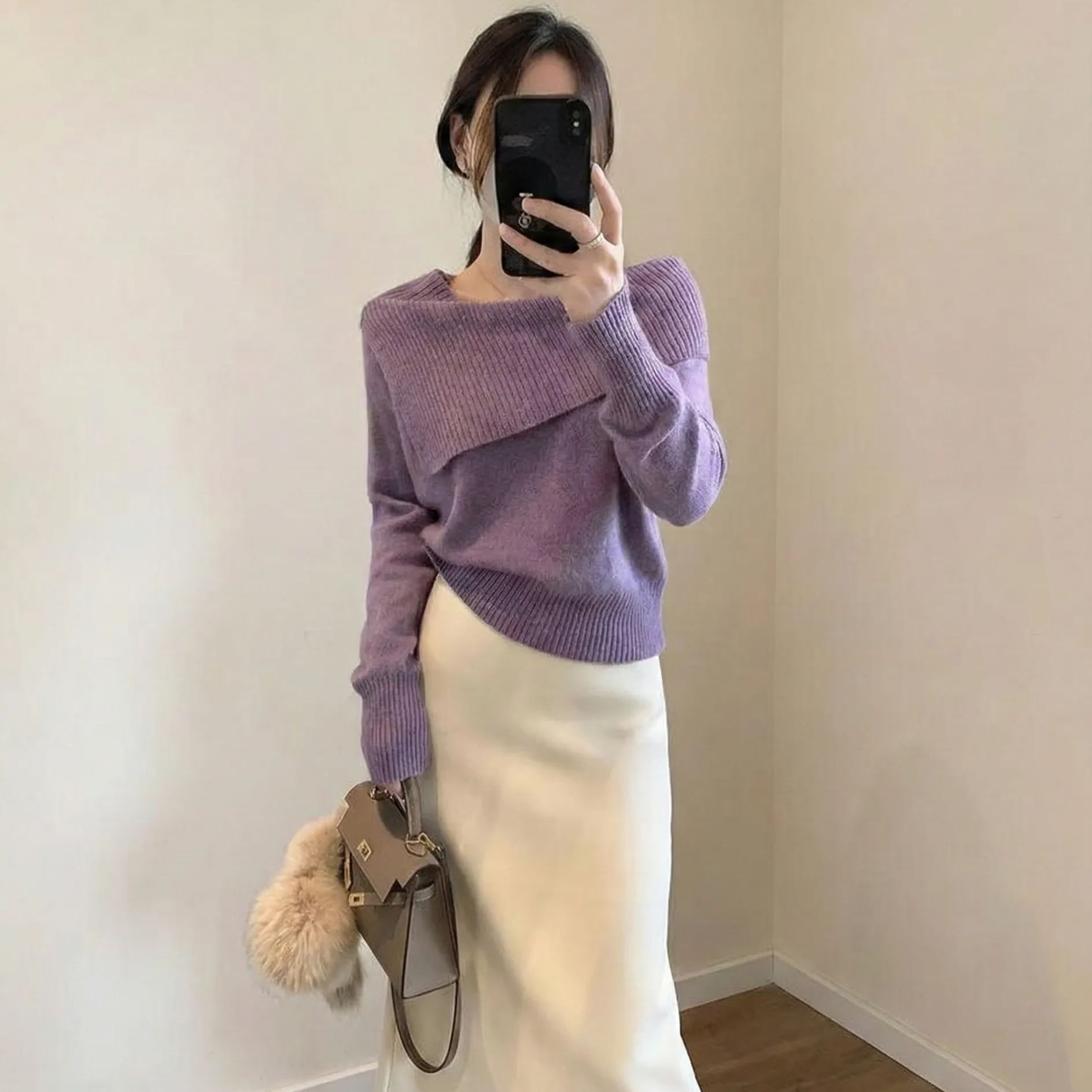 韓版時尚一字肩鎖骨翻領氣質針織長袖