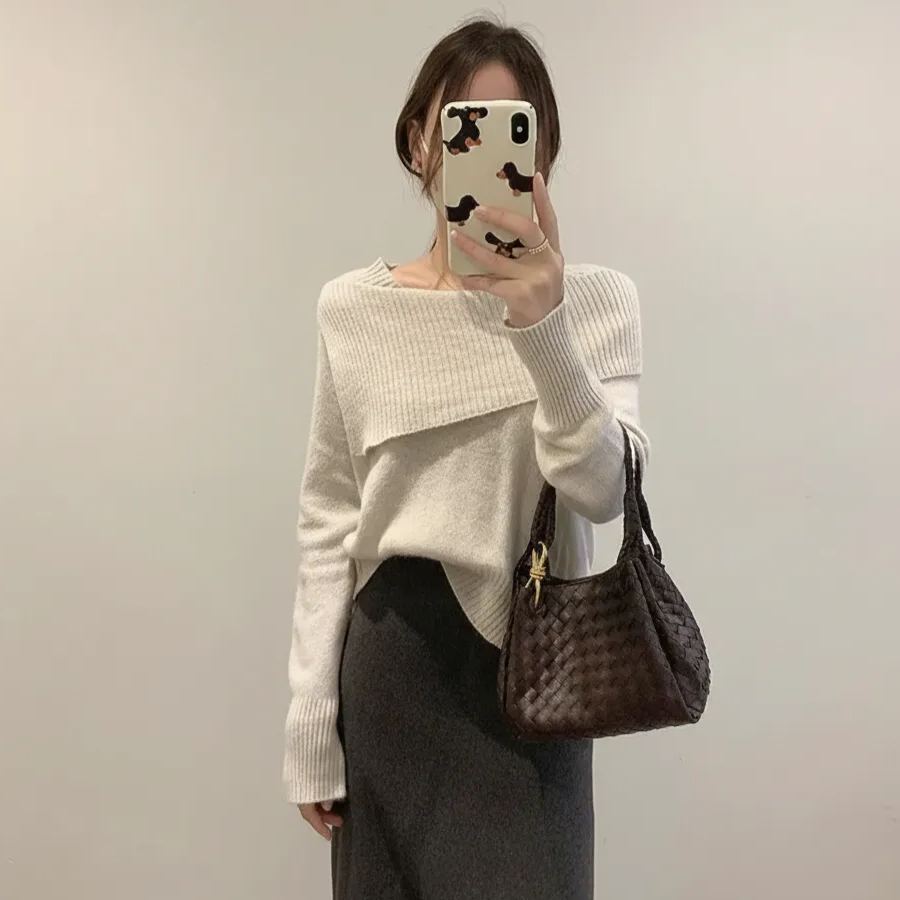 韓版時尚一字肩鎖骨翻領氣質針織長袖