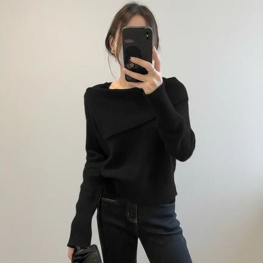 韓版時尚一字肩鎖骨翻領氣質針織長袖