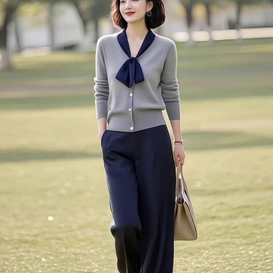 【整套】高級通勤設計感拼接系帶針織上衣直筒褲兩件套裝
