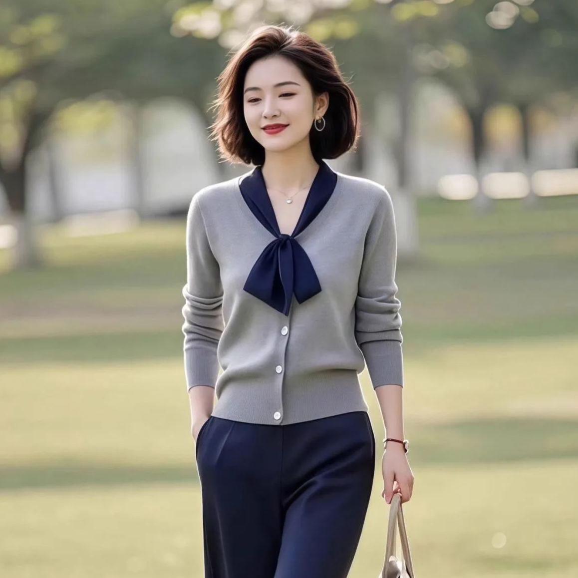 【整套】高級通勤設計感拼接系帶針織上衣直筒褲兩件套裝