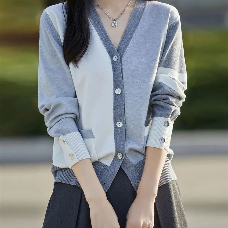 撞色長袖針織休閒V領開衫短款空調衫上衣外套女