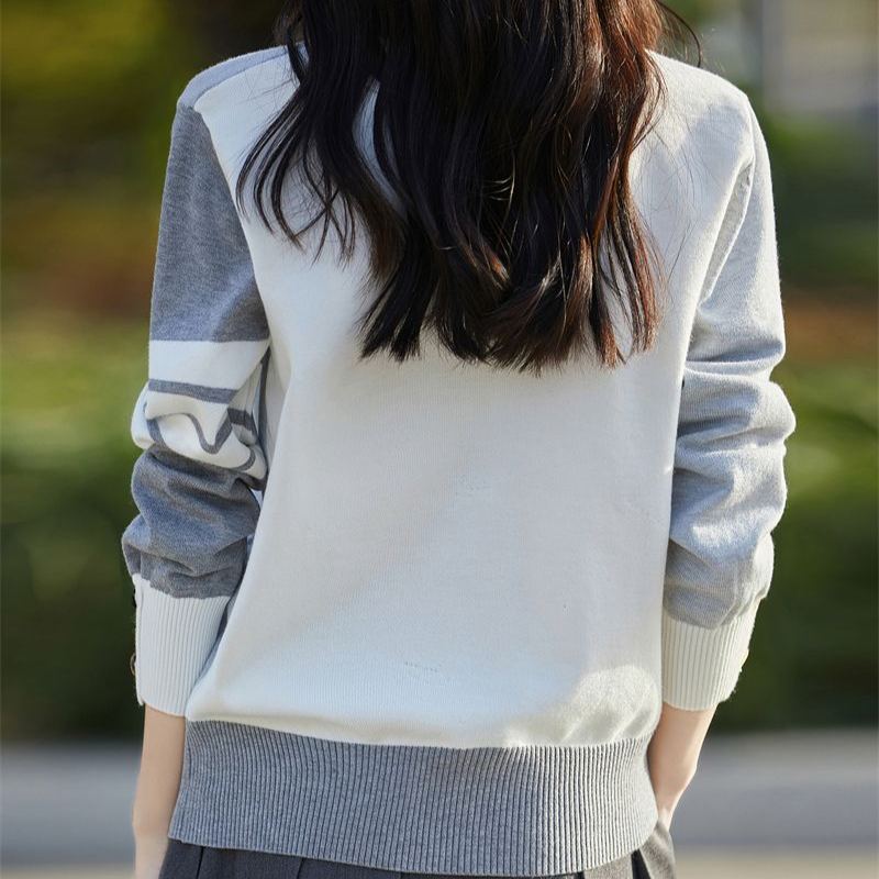 撞色長袖針織休閒V領開衫短款空調衫上衣外套女