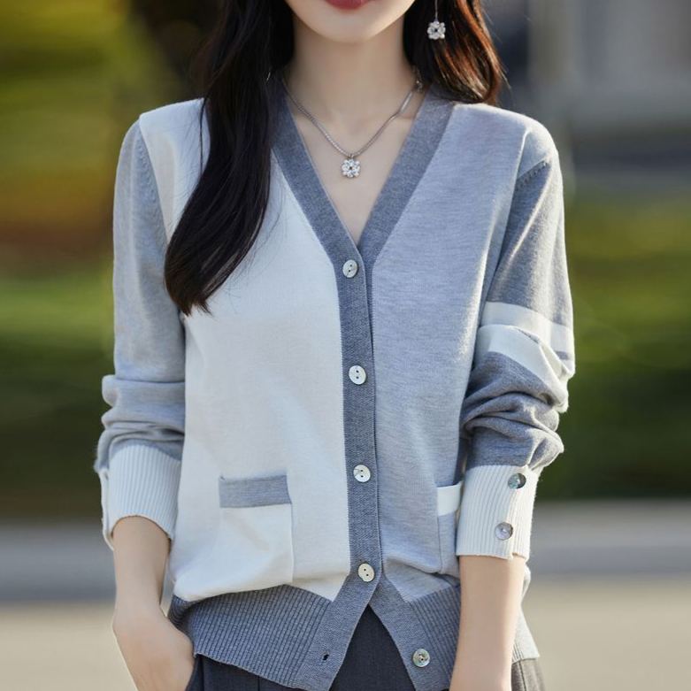 撞色長袖針織休閒V領開衫短款空調衫上衣外套女