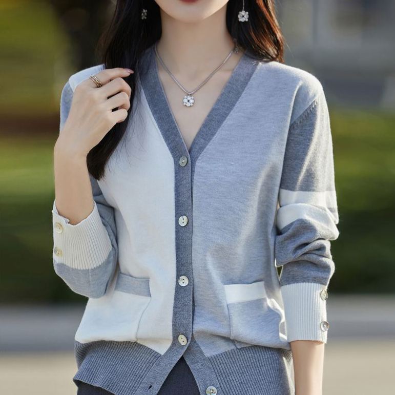 撞色長袖針織休閒V領開衫短款空調衫上衣外套女