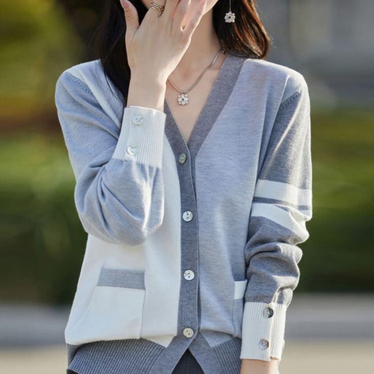 撞色長袖針織休閒V領開衫短款空調衫上衣外套女