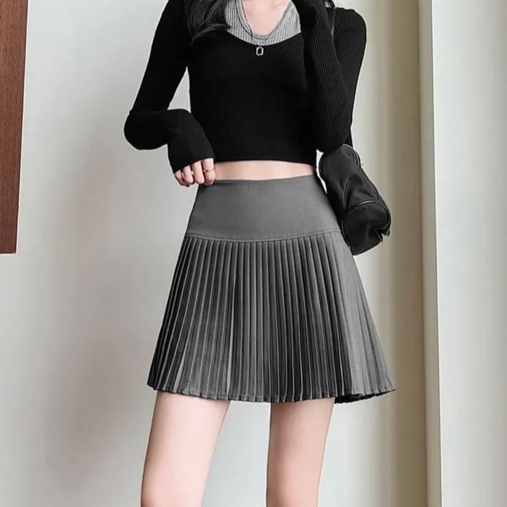 細褶百褶裙高腰顯瘦米白色a字西裝半身短裙女