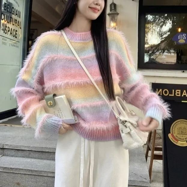 美拉德漸變條紋毛衣顯瘦軟糯針織衫