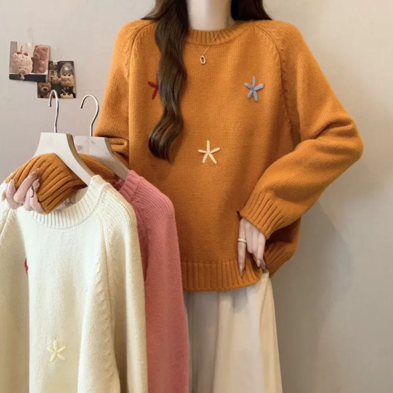 寬鬆顯瘦立體花朵慵懶洋氣圓領針織毛衣