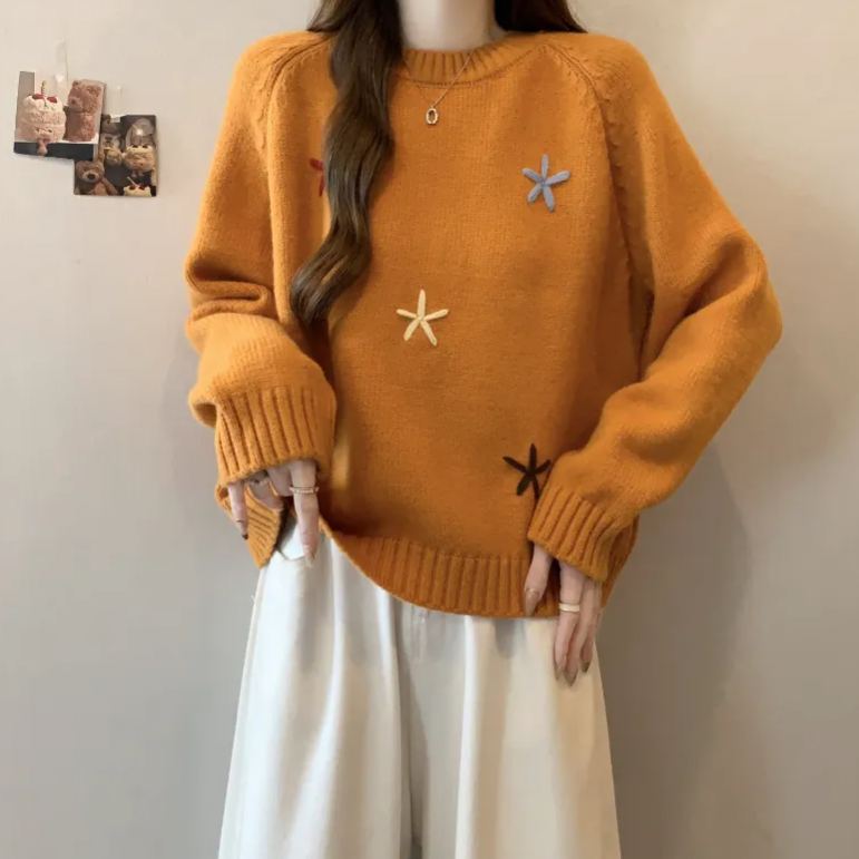 寬鬆顯瘦立體花朵慵懶洋氣圓領針織毛衣