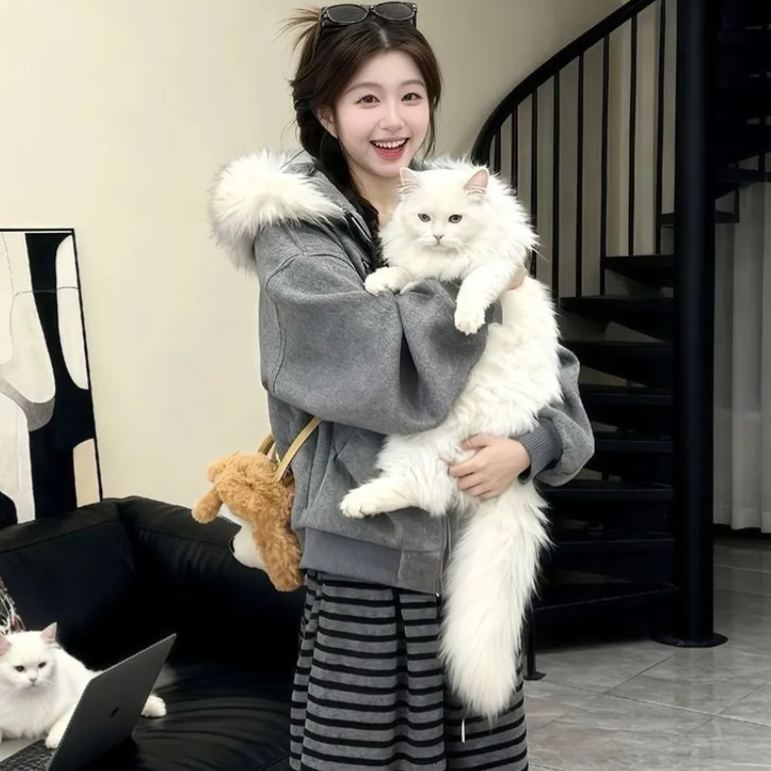 【單件/套裝】慵懒风毛领加绒外套+气质条纹阔腿裤两件套