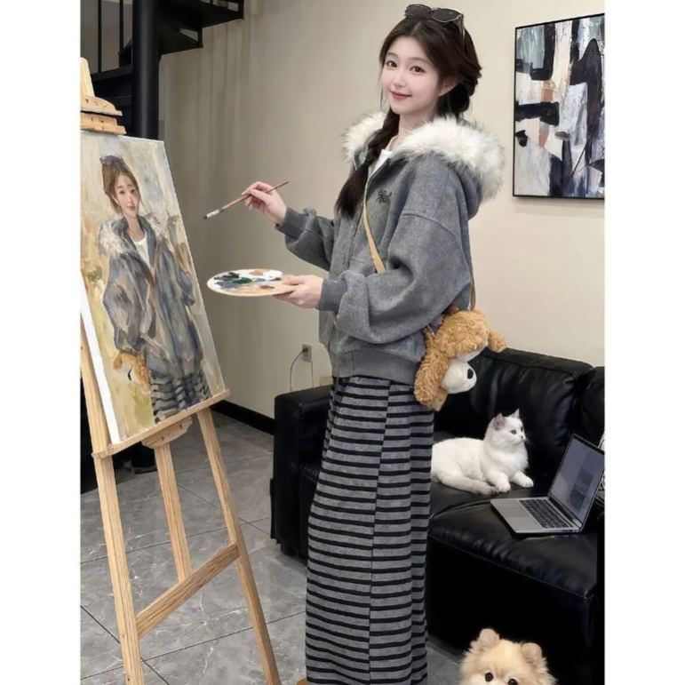 【單件/套裝】慵懒风毛领加绒外套+气质条纹阔腿裤两件套