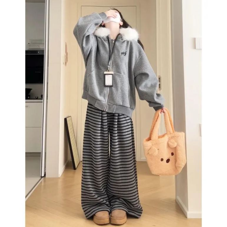 【單件/套裝】慵懒风毛领加绒外套+气质条纹阔腿裤两件套