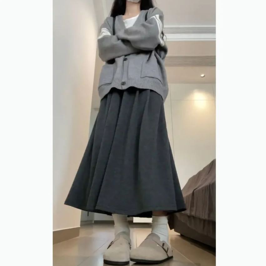 【單件/套裝】時尚百搭顯瘦糯米半身裙+三槓毛衣開衫兩件套
