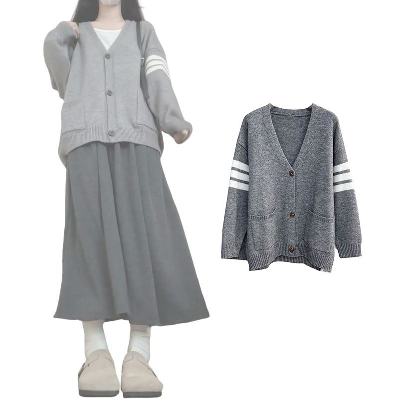 【單件/套裝】時尚百搭顯瘦糯米半身裙+三槓毛衣開衫兩件套