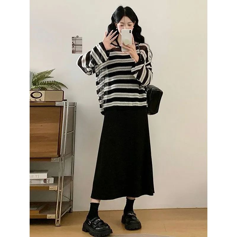 【單件/套裝】超火搭配大碼胖MM黑色吊帶裙+條紋針織罩衫兩件套