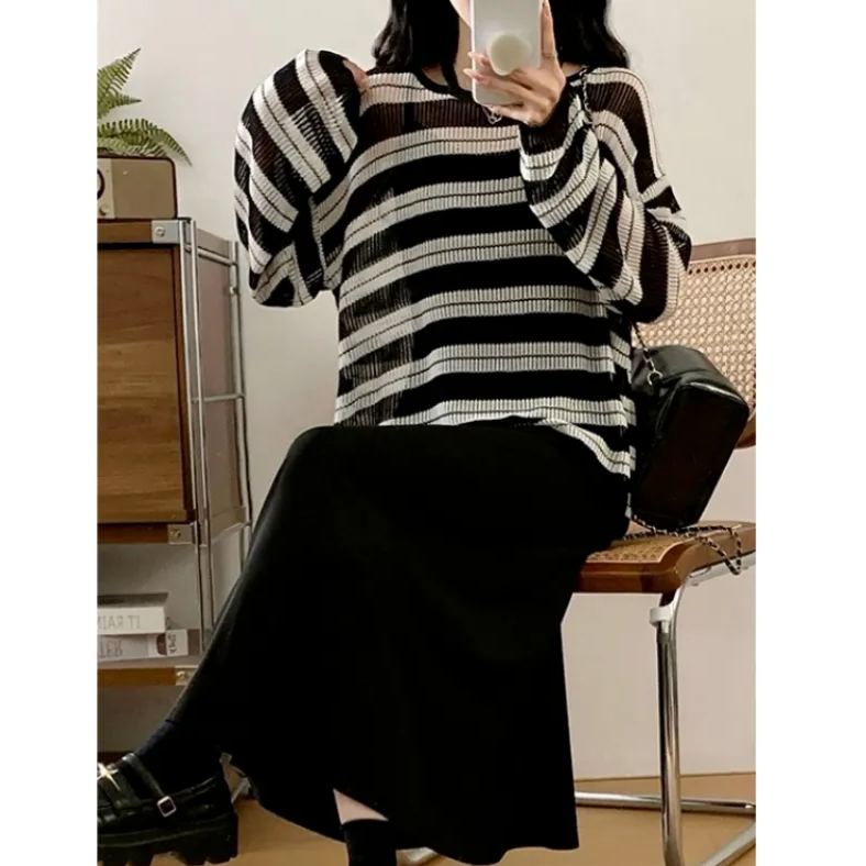 【單件/套裝】超火搭配大碼胖MM黑色吊帶裙+條紋針織罩衫兩件套