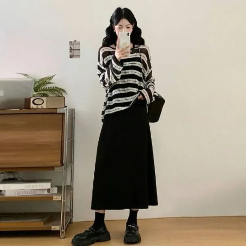 【單件/套裝】超火搭配大碼胖MM黑色吊帶裙+條紋針織罩衫兩件套