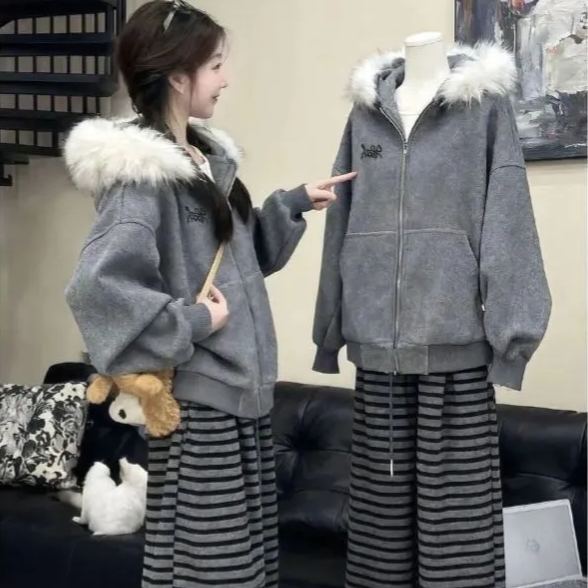 【單件/套裝】慵懒风毛领加绒外套+气质条纹阔腿裤两件套