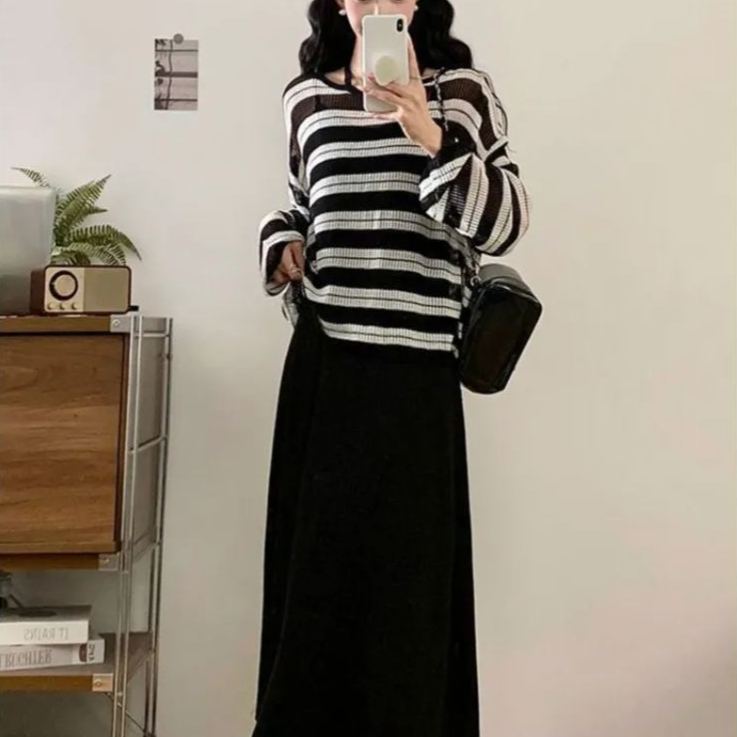 【單件/套裝】超火搭配大碼胖MM黑色吊帶裙+條紋針織罩衫兩件套