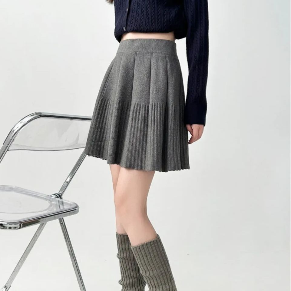 設計感顯瘦高腰針織裙遮跨A字百褶半身裙