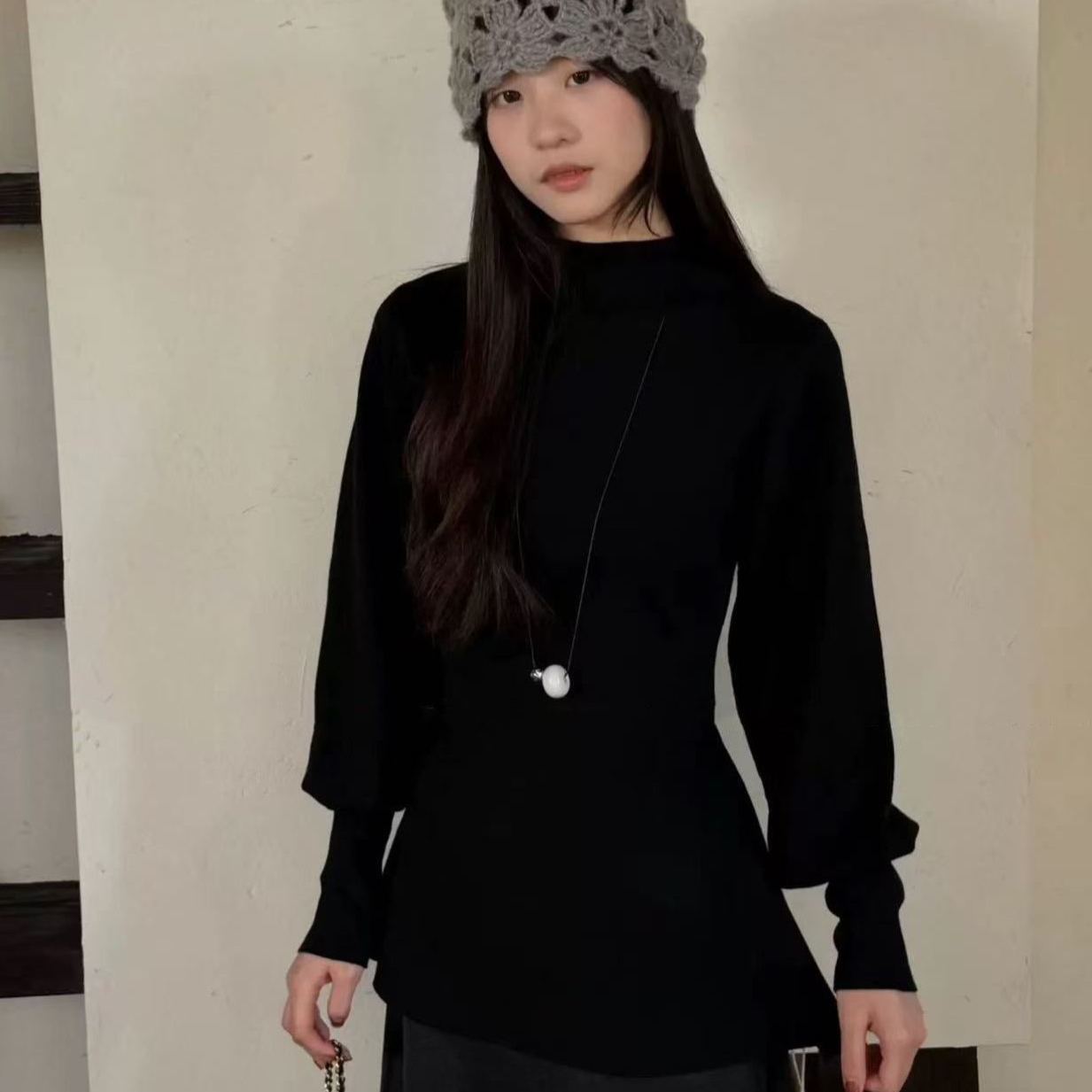 法式半高領燈籠袖獨特絕美收腰慵懶氣質毛衣針織衫