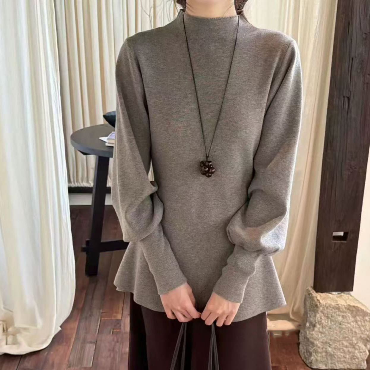 法式半高領燈籠袖獨特絕美收腰慵懶氣質毛衣針織衫