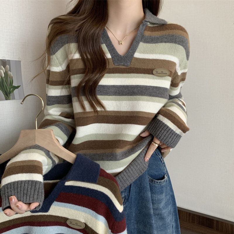 條紋POLO領針織打底衫新款大碼內搭長袖毛衣