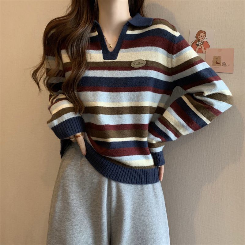 條紋POLO領針織打底衫新款大碼內搭長袖毛衣